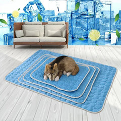 Blue cooling dog mat with quilted design and layered sizes, pet bed for summer comfort