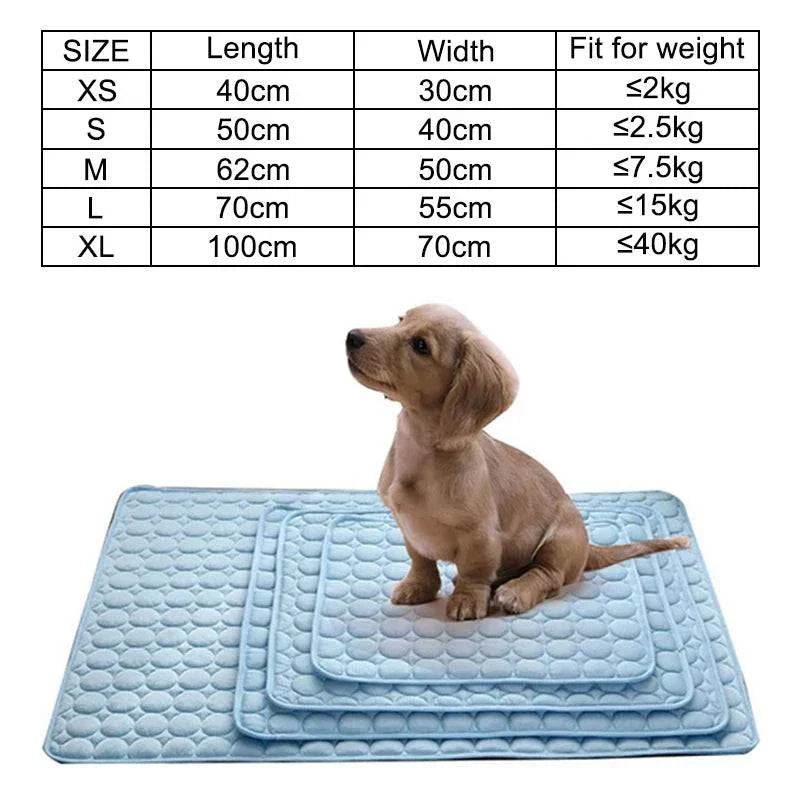 Blue cooling dog mat with different size options and a puppy sitting on the smallest mat