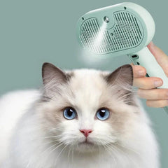 Pet Hair Remover Spray Comb grooming brush spraying mist on white cat with blue eyes