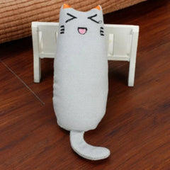 Rustle sound catnip toy for cats shaped like a cute plush cat with a tail on wooden floor