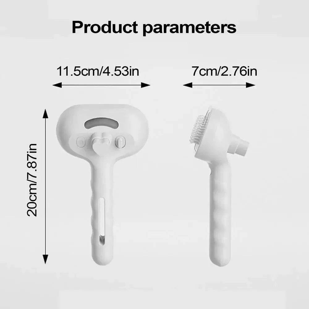 Pet Hair Remover Spray Comb Grooming Brush for Cats and Dogs with Dematting Water Mist Humidifier, white plastic, 20cm x 11.5cm x 7cm size.