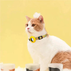 adjustable nylon dog collar with bell and airtag holder on cat
