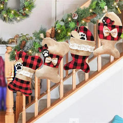 Plaid Christmas Stocking For Pet Buffalo Plaid Black And Red Checker Dog Bone Fish Shape For Puppy Kitty Cat With Bow
