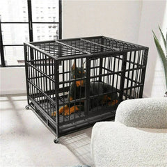 XXL large heavy duty dog crate with lockable wheels and iron metal kennel containing a large dog indoors