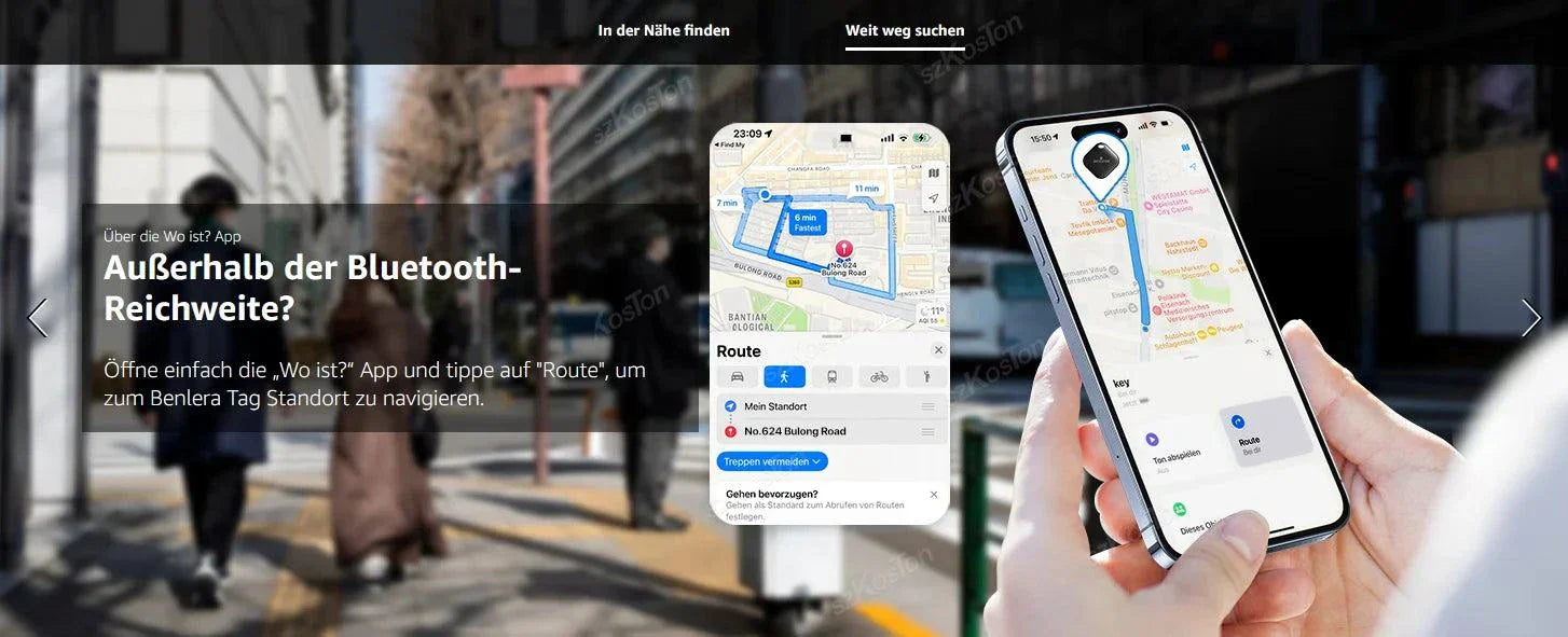 Mini GPS Tracker smart locator on smartphone showing route navigation in urban street setting