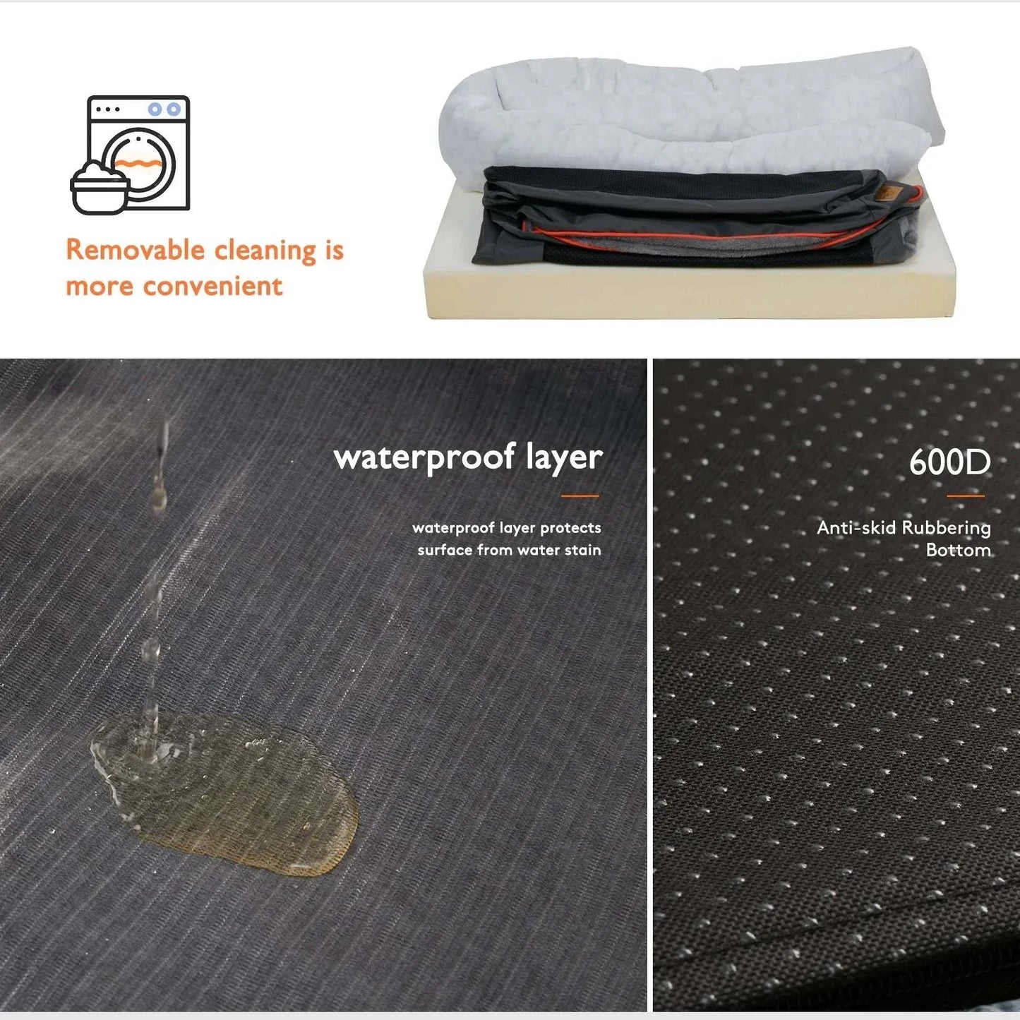 Waterproof orthopedic dog bed with super soft foam, cotton-padded bolster, removable cover, and anti-skid bottom
