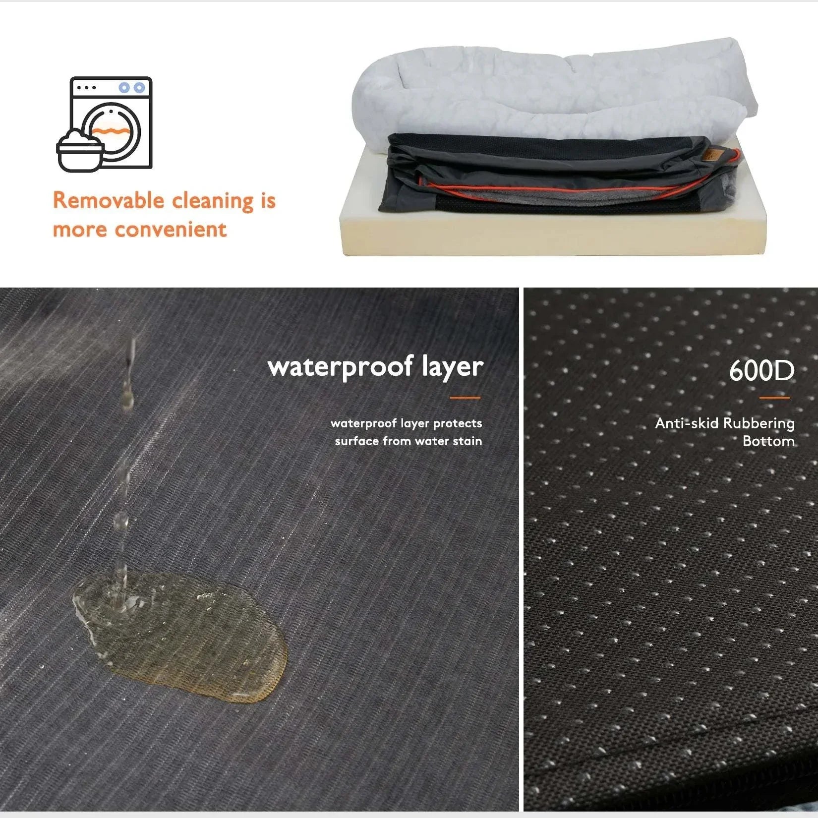 Waterproof orthopedic dog bed with super soft foam, cotton-padded bolster, removable cover, and anti-skid bottom