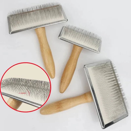 Solid Wood Pet Grooming Brush – Stainless Steel Teeth for Dogs & Cats