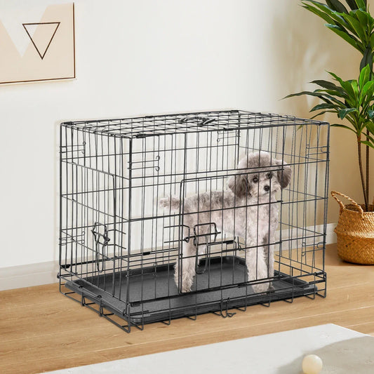 Foldable wire dog crate Double Door with Plastic Leak-Proof Pan tray