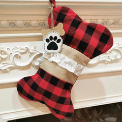 Plaid Christmas Stocking For Pet Buffalo Plaid Black And Red Checker Dog Bone Fish Shape For Puppy Kitty Cat With Bow
