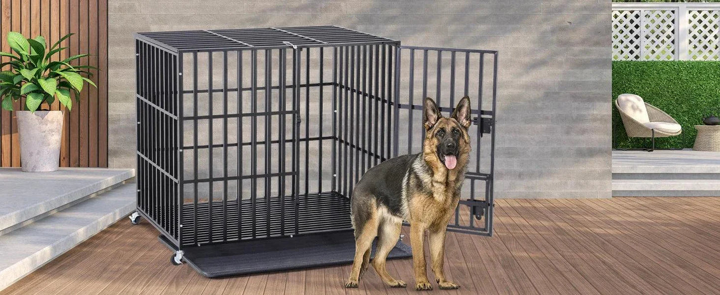 XXL large heavy duty metal dog crate with lockable wheels and tray, shown with German Shepherd next to it
