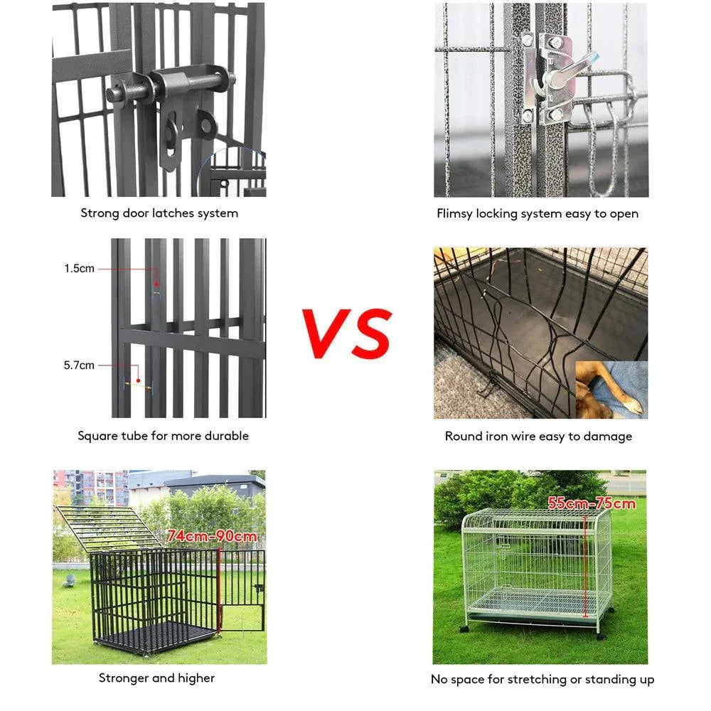 XXL large heavy duty dog crate with strong iron square tube, secure door latch, lockable wheels, and removable tray