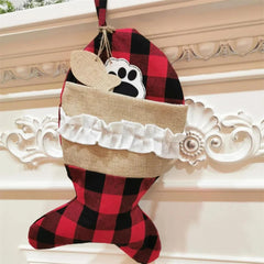 Plaid Christmas Stocking For Pet Buffalo Plaid Black And Red Checker Dog Bone Fish Shape For Puppy Kitty Cat With Bow