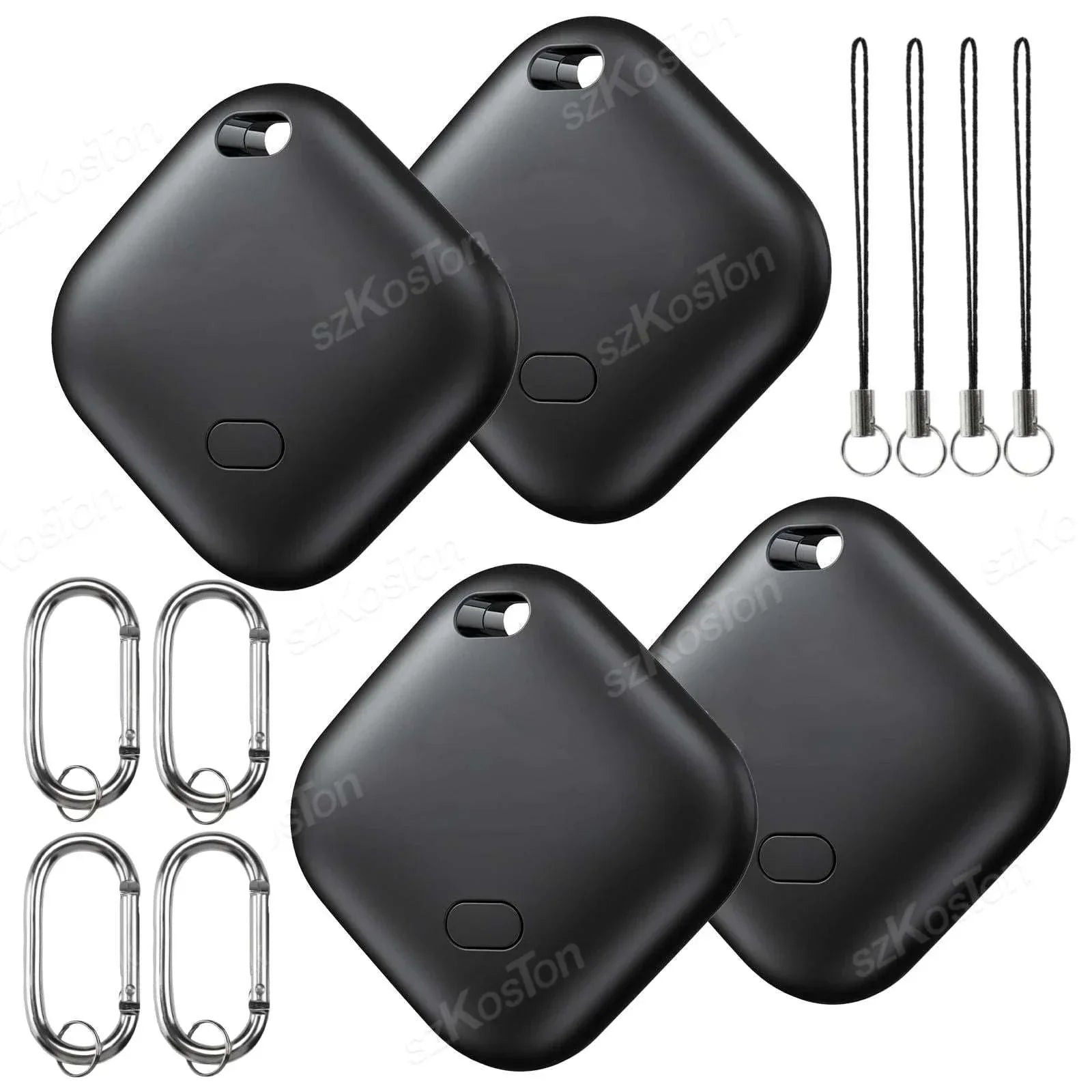 Set of four black Mini GPS Tracker smart iTags with keychain clips and lanyards for pets and cars location