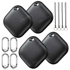 Set of four black Mini GPS Tracker smart iTags with keychain clips and lanyards for pets and cars location