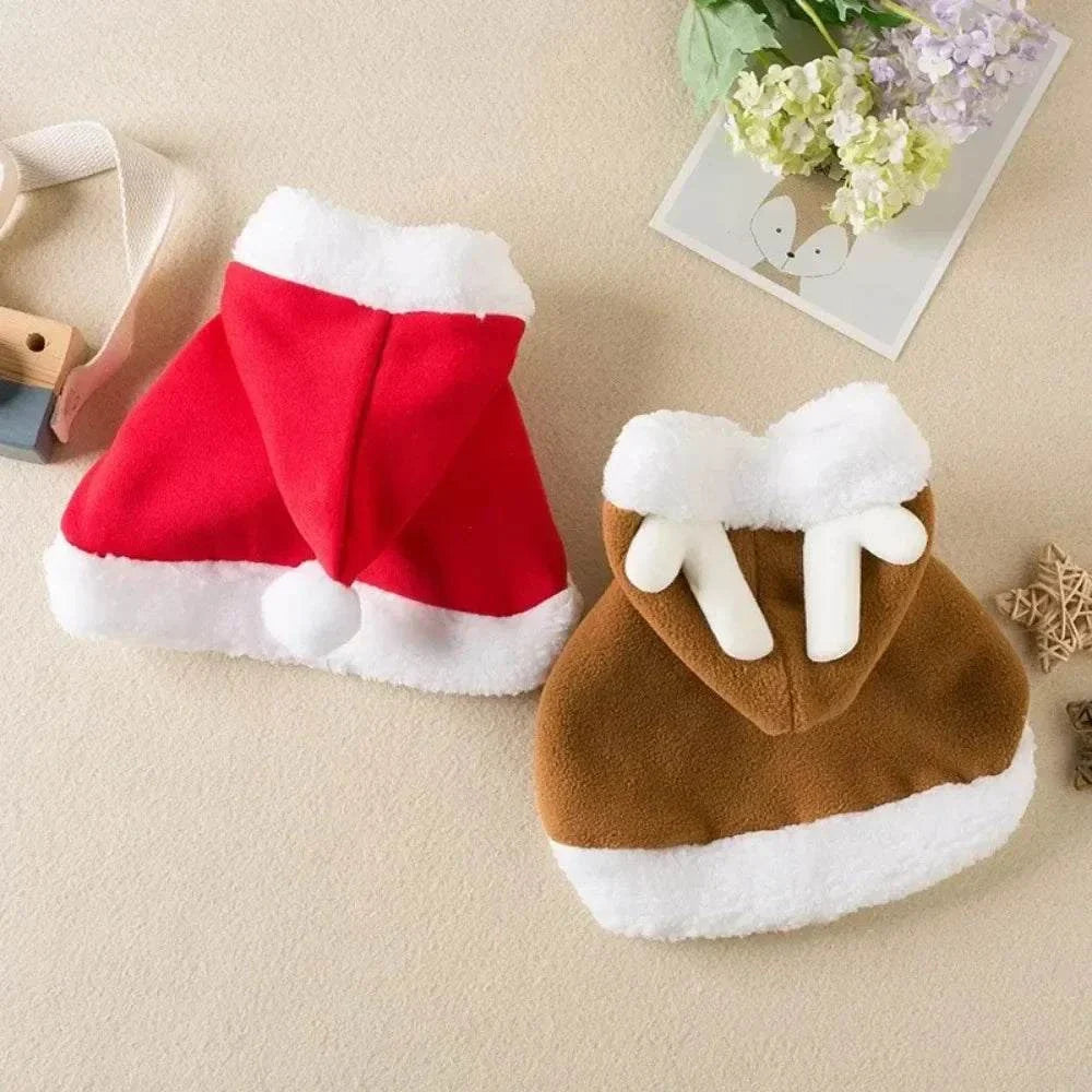 Funny cat Christmas costume with red Santa cape and brown reindeer hoodie pet clothes