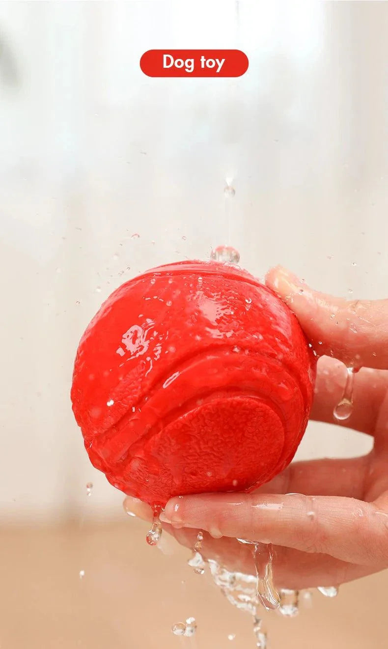 MADDEN S-XL Sizes red indestructible rubber dog ball toy being held with water droplets