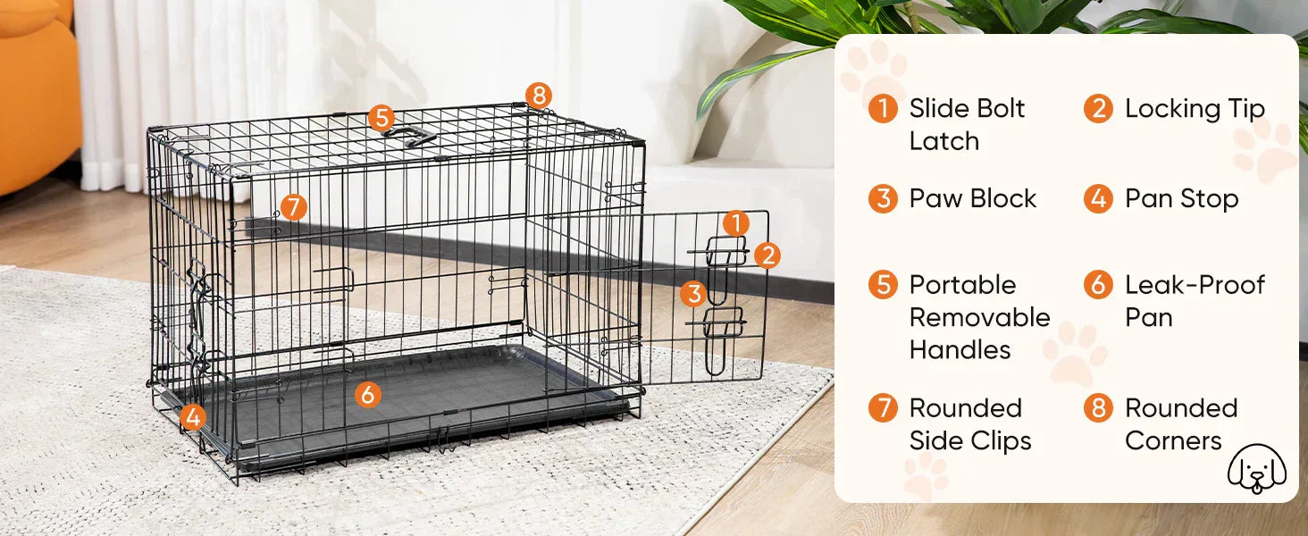 Foldable wire dog crate Double Door with Plastic Leak-Proof Pan tray