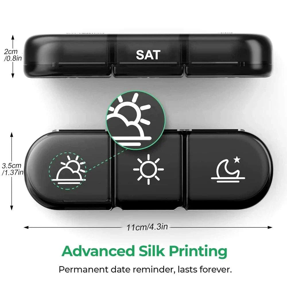 Compact 7-day pill box organizer with 21 compartments and advanced silk printing for permanent date reminders