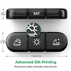 Compact 7-day pill box organizer with 21 compartments and advanced silk printing for permanent date reminders