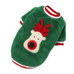 Green dog Christmas sweater with reindeer design and red-white striped collar and cuffs