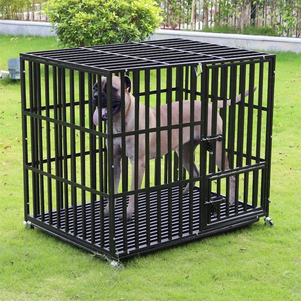 XXL large heavy duty iron dog crate with lockable wheels and tear-resistant square tube metal kennel for large dogs