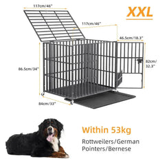 XXL large heavy duty iron dog crate with lockable wheels and removable tray for large breeds like Rottweilers and Bernese