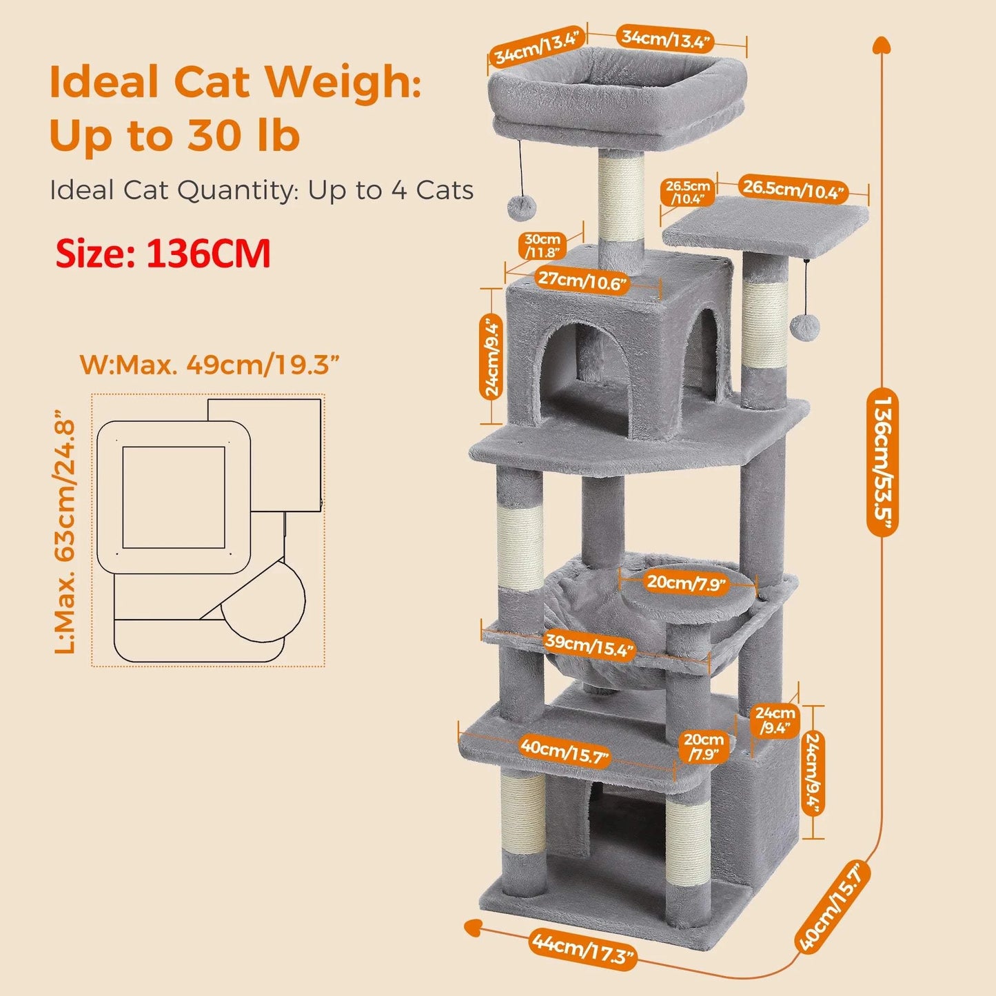 Large Cat Tree and Tower for Indoor Cats Spacious Hammock Padded Perches and Condos Cat Toys