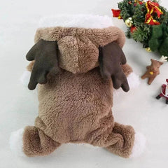 Brown plush dog Christmas hoodie with reindeer antlers for small to medium dogs winter costume