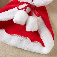 Red and white funny cat Christmas costume cape with hat and pom-poms, warm polyester Santa cosplay pet accessory