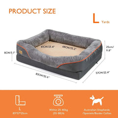 Large orthopedic dog bed with soft cotton padding, waterproof cover, and removable bolster for pets up to 40kg.