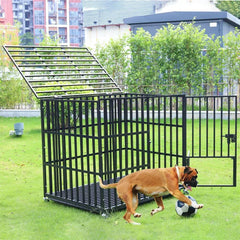 XXL large heavy duty iron dog crate with lockable wheels and open top door playing dog outdoors