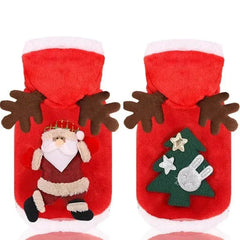 Red winter dog Christmas clothes with Santa and Christmas tree designs and reindeer antler hoods for small to medium dogs