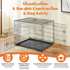 Foldable wire dog crate Double Door with Plastic Leak-Proof Pan tray