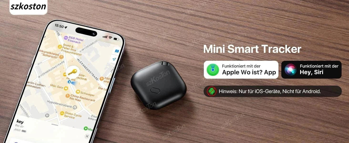 Mini GPS tracker smart iTag device for pets and cars locator with Apple Wo ist and Siri compatibility displayed on smartphone screen