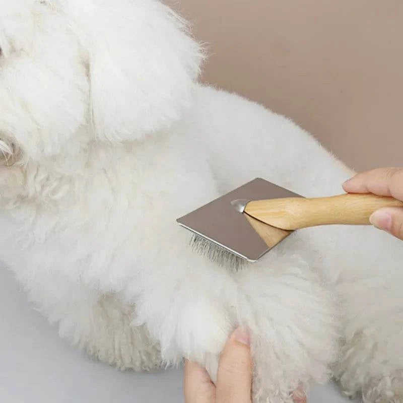 Solid Wood Pet Grooming Brush – Stainless Steel Teeth for Dogs & Cats