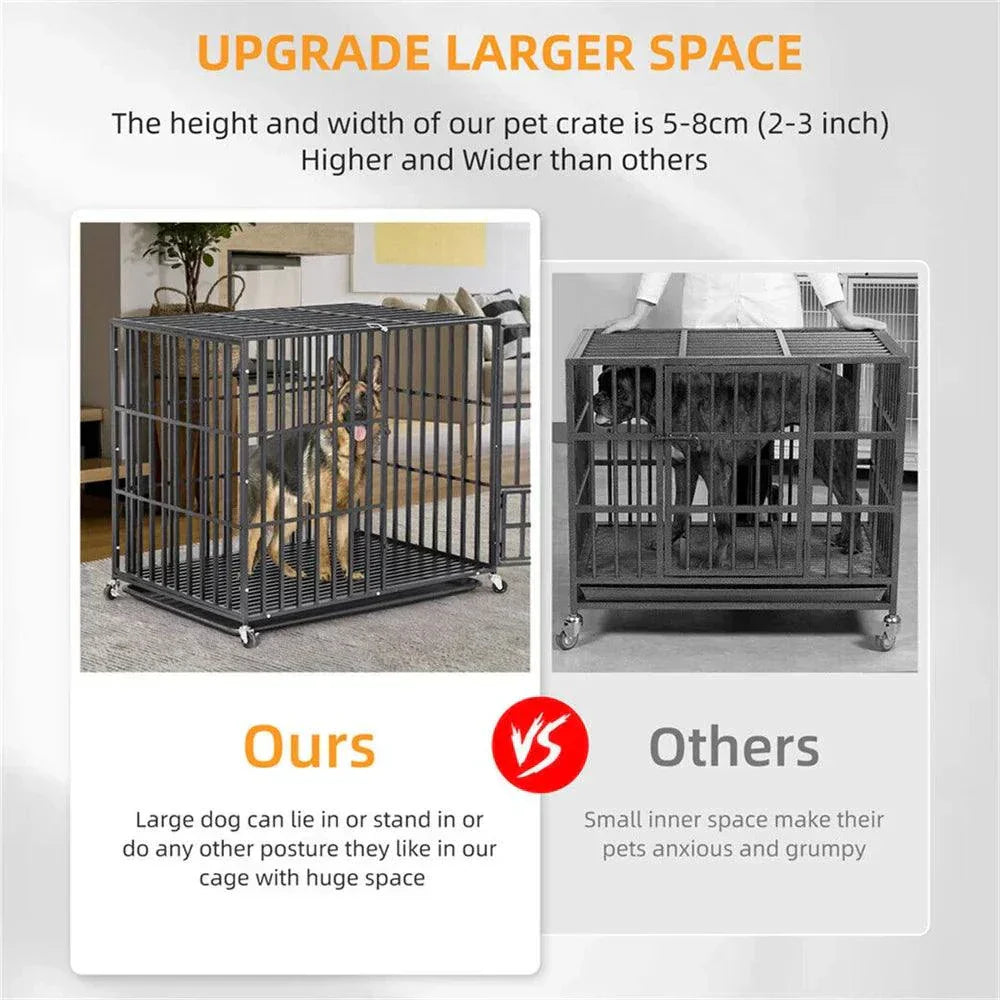 XXL large heavy duty dog crate metal kennel with lockable wheels and tray for strong pet containment