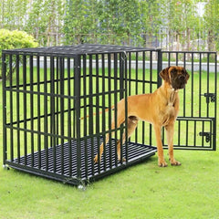 XXL large heavy duty iron dog crate with lockable wheels and removable tray showing a large dog standing inside on grass