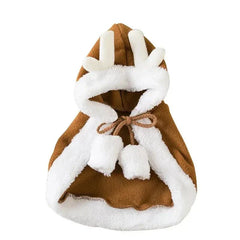 Funny Cat Christmas Costume warm brown reindeer hoodie pet cape with white fleece trim and antlers
