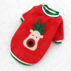 Red fleece dog Christmas sweater with reindeer design and green-white striped collar and cuffs for small to medium dogs