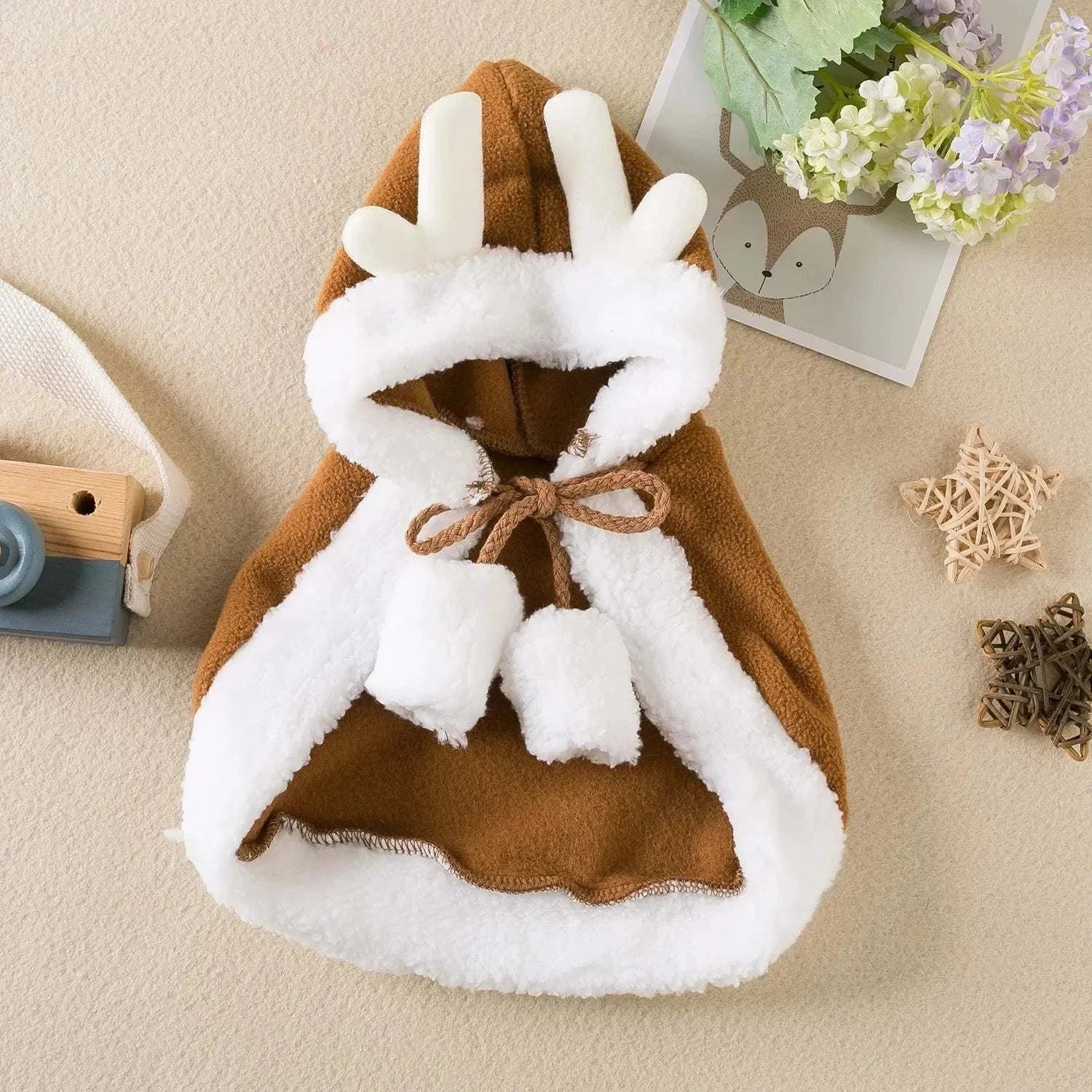 Funny cat Christmas costume brown and white fleece pet cape with hood and antlers