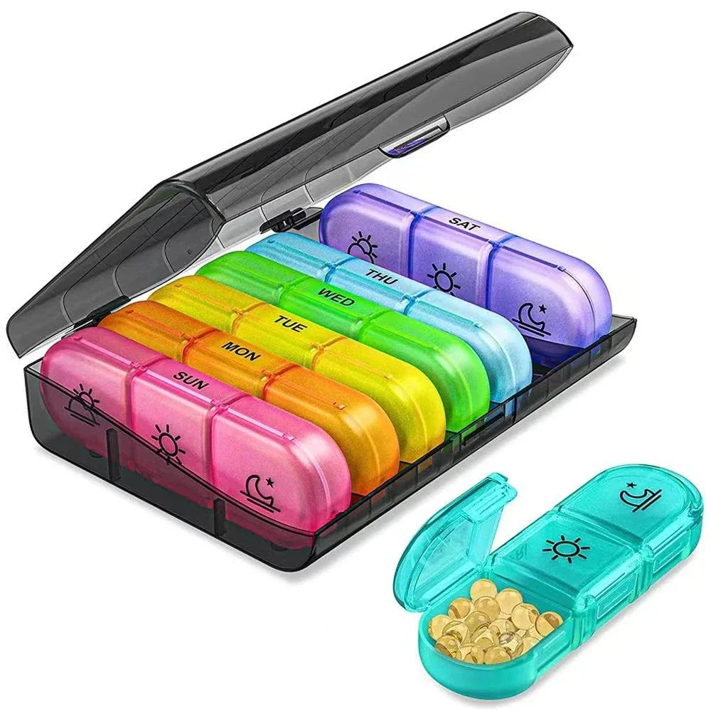 Colorful 7-day pill box organizer with 21 compartments for daily vitamins and medicine storage