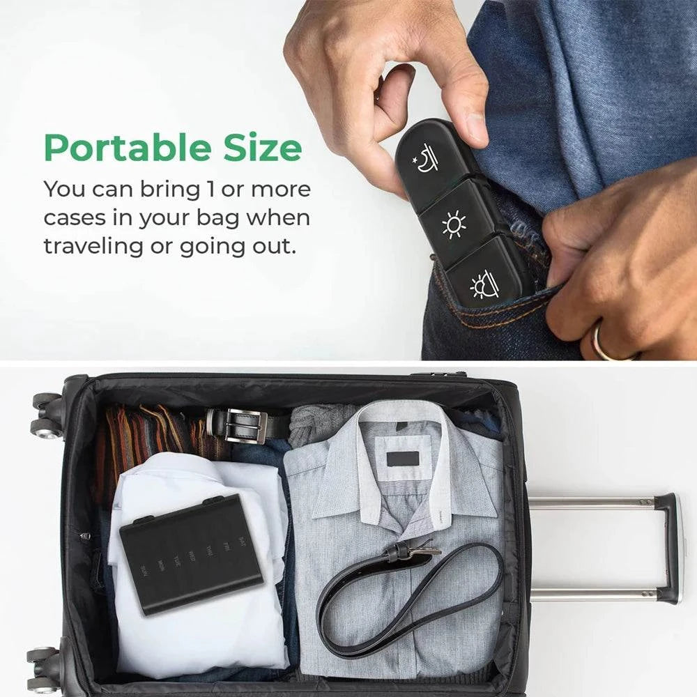 Compact Pill Box 7 days Organizer with 21 grids for 3 daily doses, shown portable in pocket and inside travel suitcase