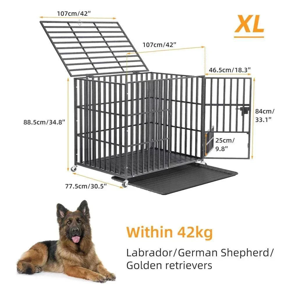 XXL large heavy duty iron dog crate with lockable wheels and removable tray for large breeds like German Shepherd and Labrador