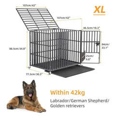 XXL large heavy duty iron dog crate with lockable wheels and removable tray for large breeds like German Shepherd and Labrador