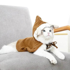 White cat wearing a brown funny cat Christmas costume with hood and tie on gray chair