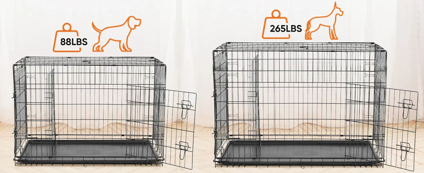 Foldable wire dog crate Double Door with Plastic Leak-Proof Pan tray