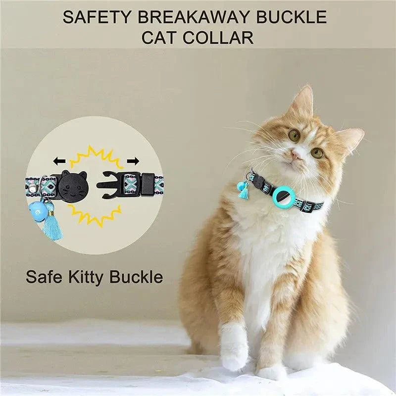 Adjustable nylon dog collar with bell and Airtag holder on orange and white cat