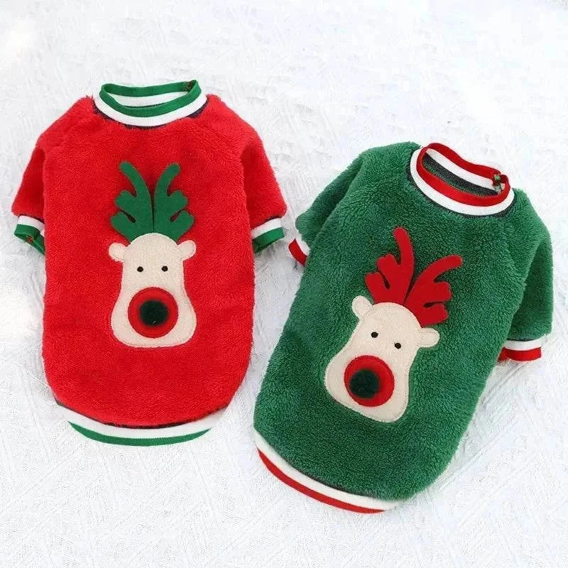 Christmas dog clothes with reindeer design, warm winter pet hoodies for small and medium dogs