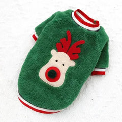 Green winter dog Christmas clothes with reindeer design and red white trim for small to medium dogs